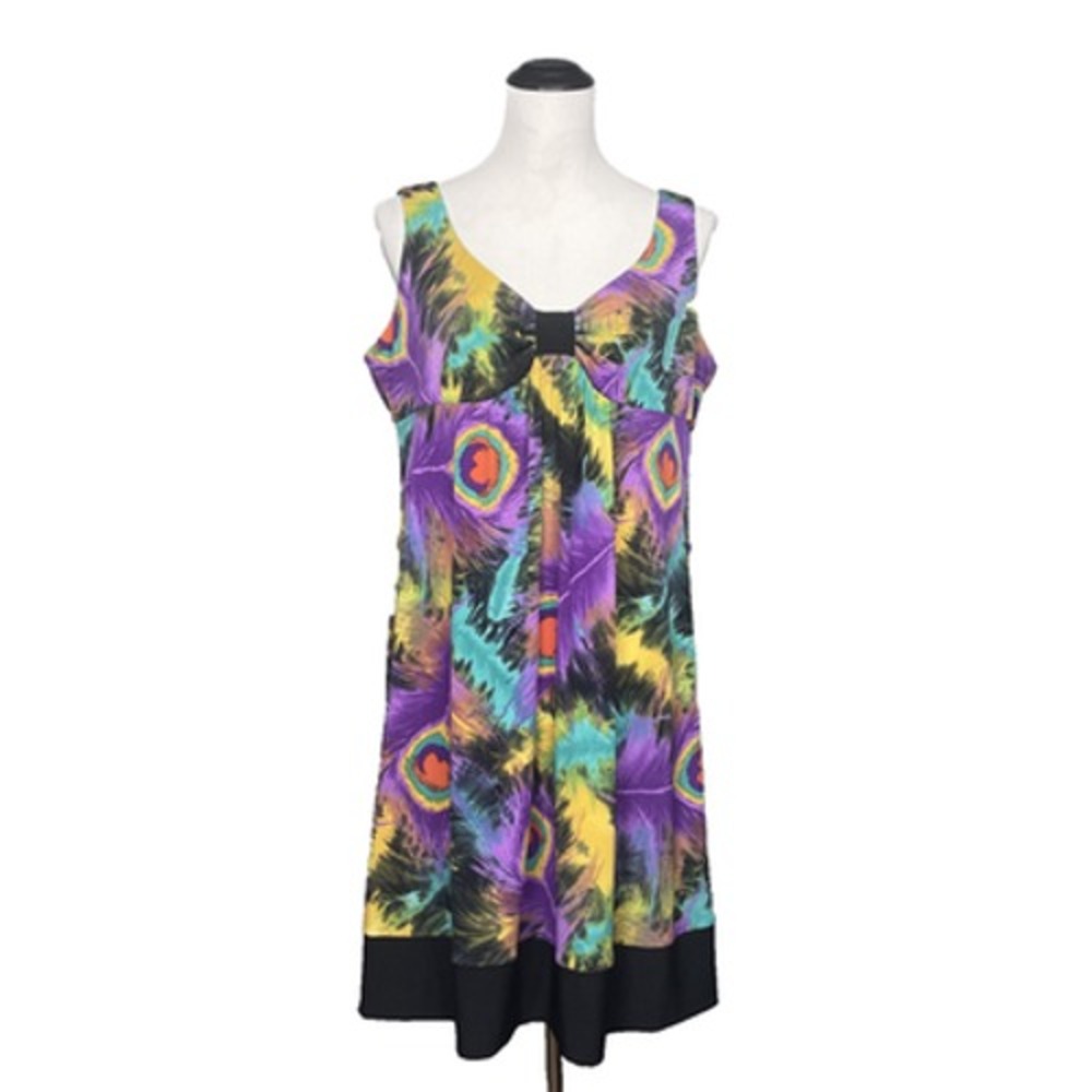 Ronni Nicole O So Slim Dress Size 14 Peacock Feather Print Sleeveless Midi Shift